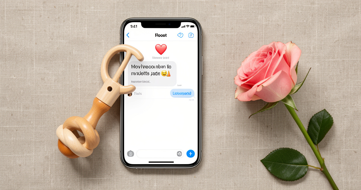 Smartphone montrant un message texte de félicitations naissance avec hochet et rose