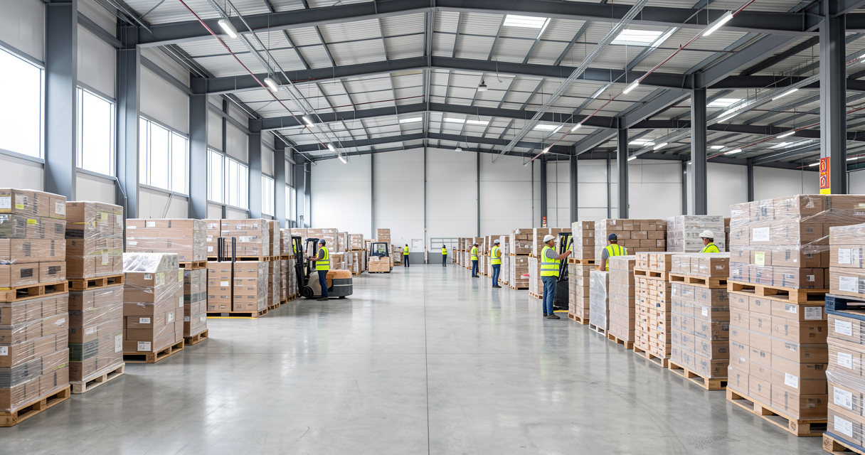 Entrepôt de commerce de gros avec palettes et employés logistiques - convention collective IDCC 573