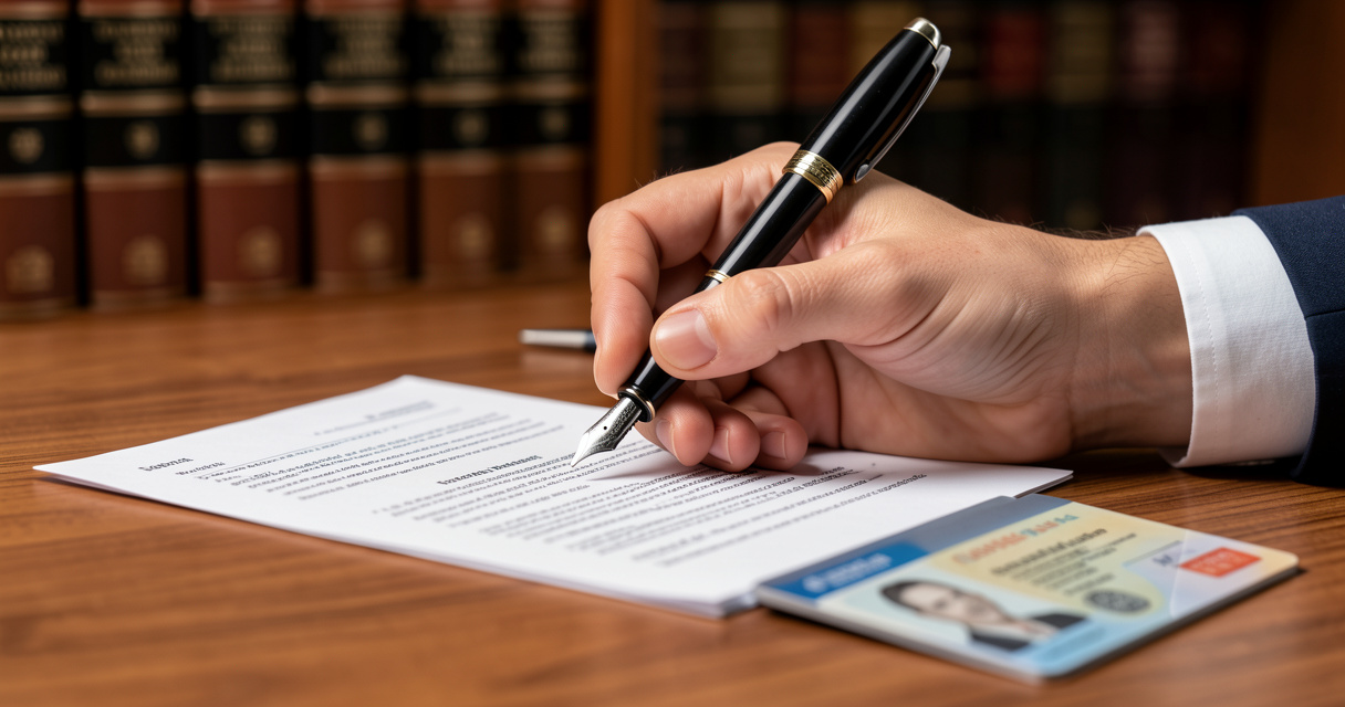 Signature manuscrite d'une attestation de témoin près d'une carte d'identité