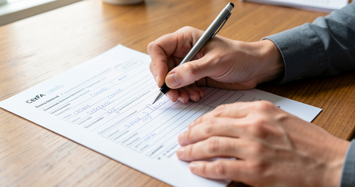 Mains remplissant le formulaire Cerfa 11527 attestation de témoin à la main