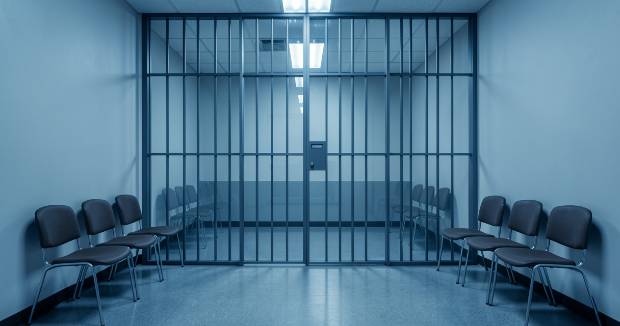 Salle de parloir ordinaire avec séparation en verre dans un établissement pénitentiaire