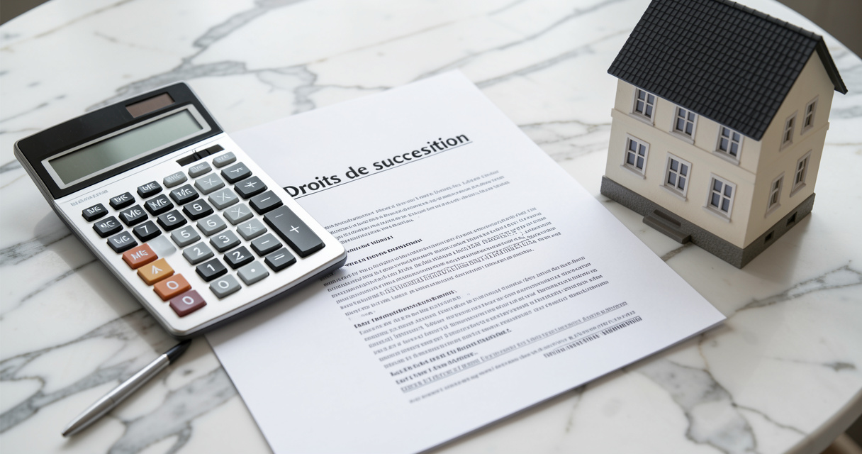 Calculatrice et documents juridiques pour évaluer les frais de succession immobilière, maison miniature