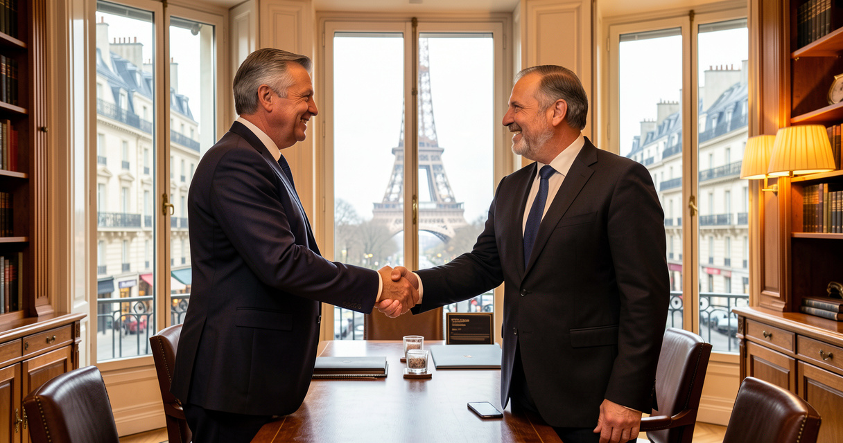 Dirigeants serrant la main d'un avocat lors d'un rendez-vous dans un cabinet parisien droit des sociétés