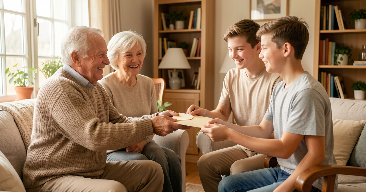 Grand-parents remettant une enveloppe à leur petit-fils pour une donation
