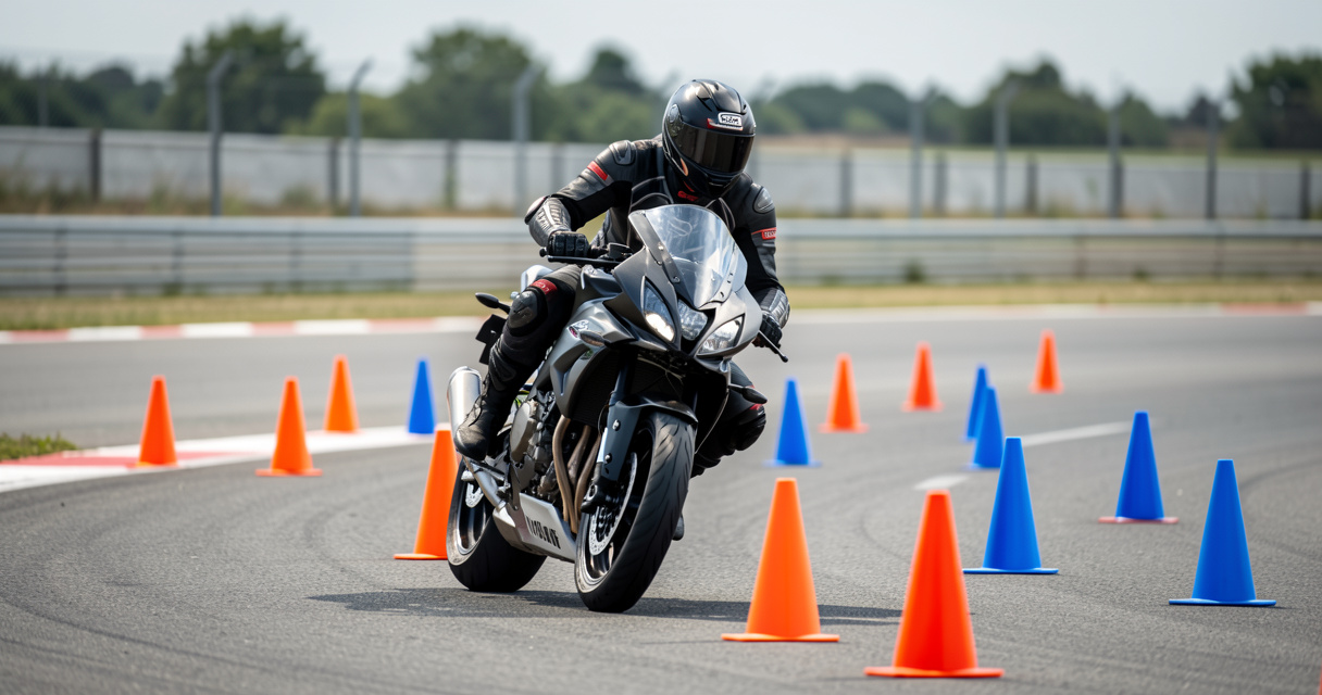 Slalom entre cônes orange et bleus lors de l'épreuve plateau moto