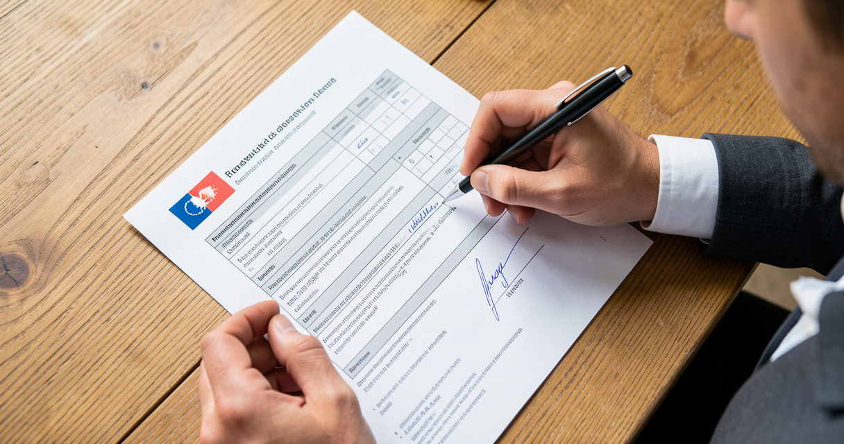 Personne remplissant le formulaire Cerfa 13960 de demande de permis de visite sur un bureau