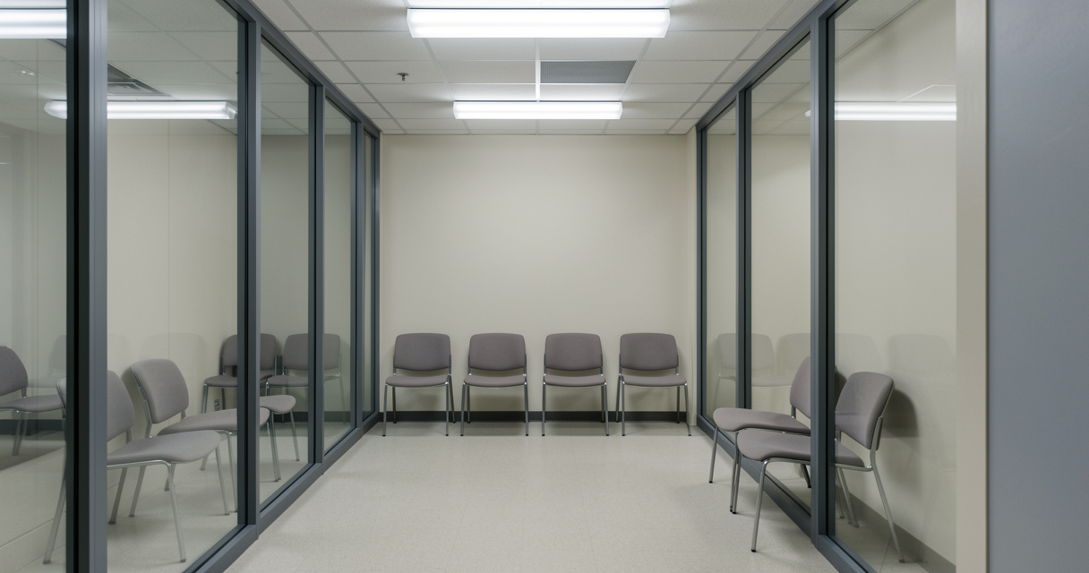 Parloir de prison avec banquettes et séparation vitrée pour les visites des détenus