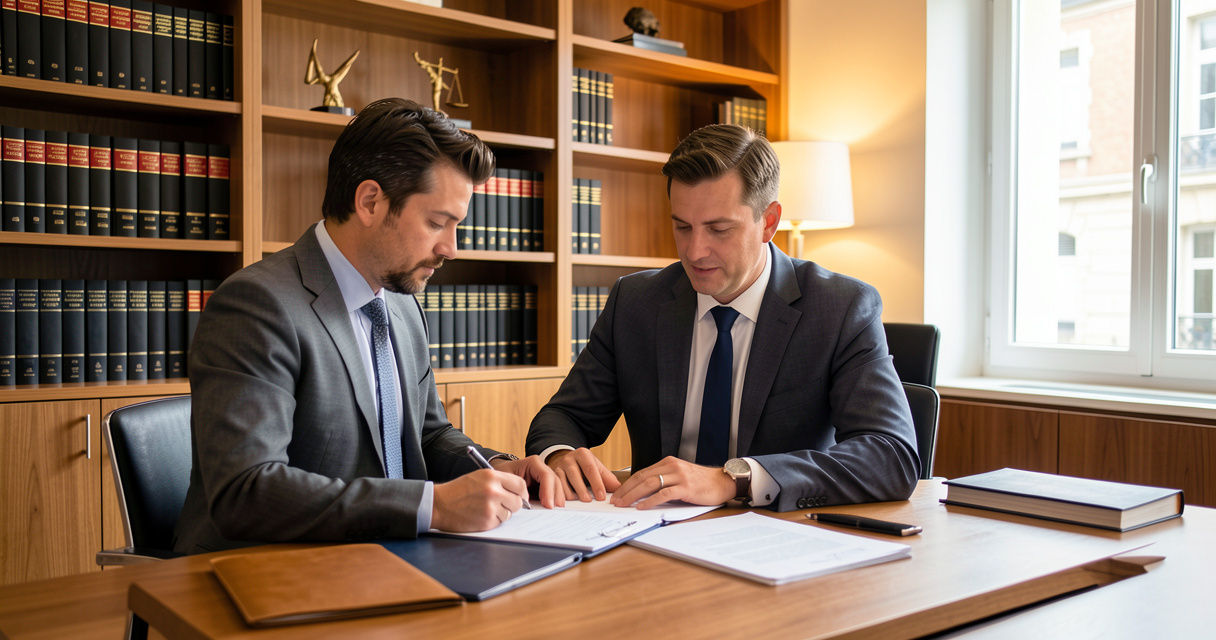 Avocat en consultation dans un cabinet moderne à Orléans avec des livres de droit en arrière-plan
