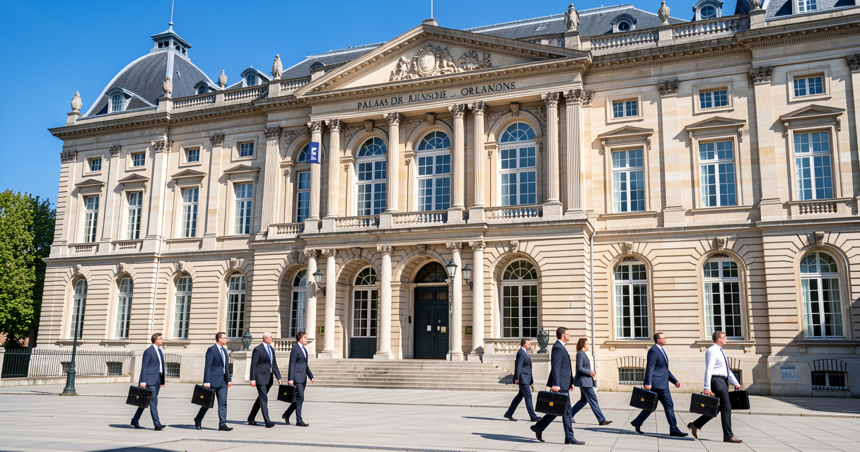 Palais de Justice d'Orléans avec des avocats entrant dans le bâtiment pour une procédure judiciaire