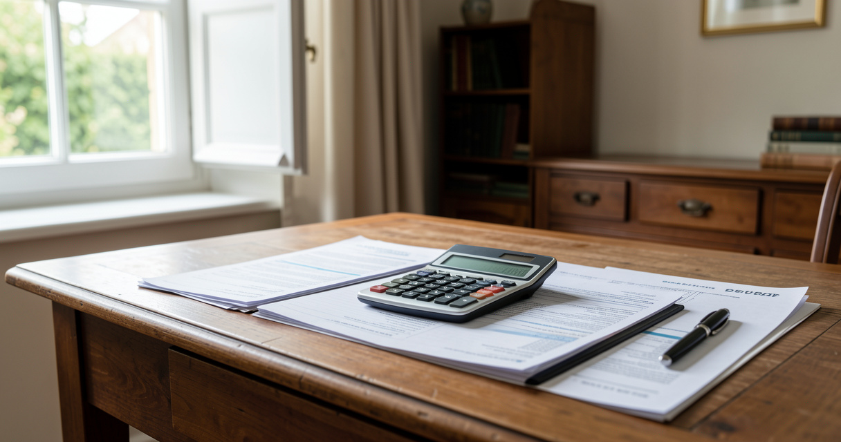 Calcul IFI simulateur sur bureau avec documents fiscaux et calculatrice