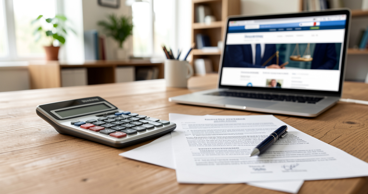 Calculatrice et contrat sur bureau pour estimer prix divorce amiable