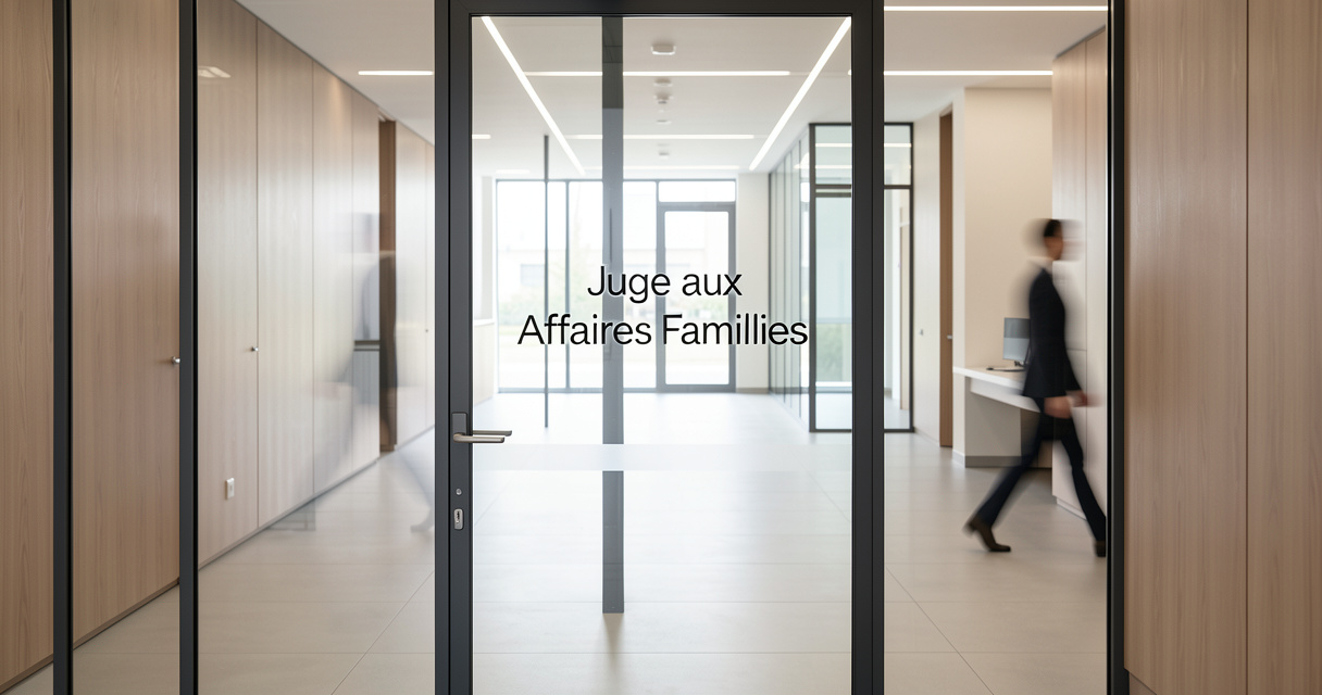 Entrée du tribunal judiciaire avec panneau indiquant le service du juge aux affaires familiales