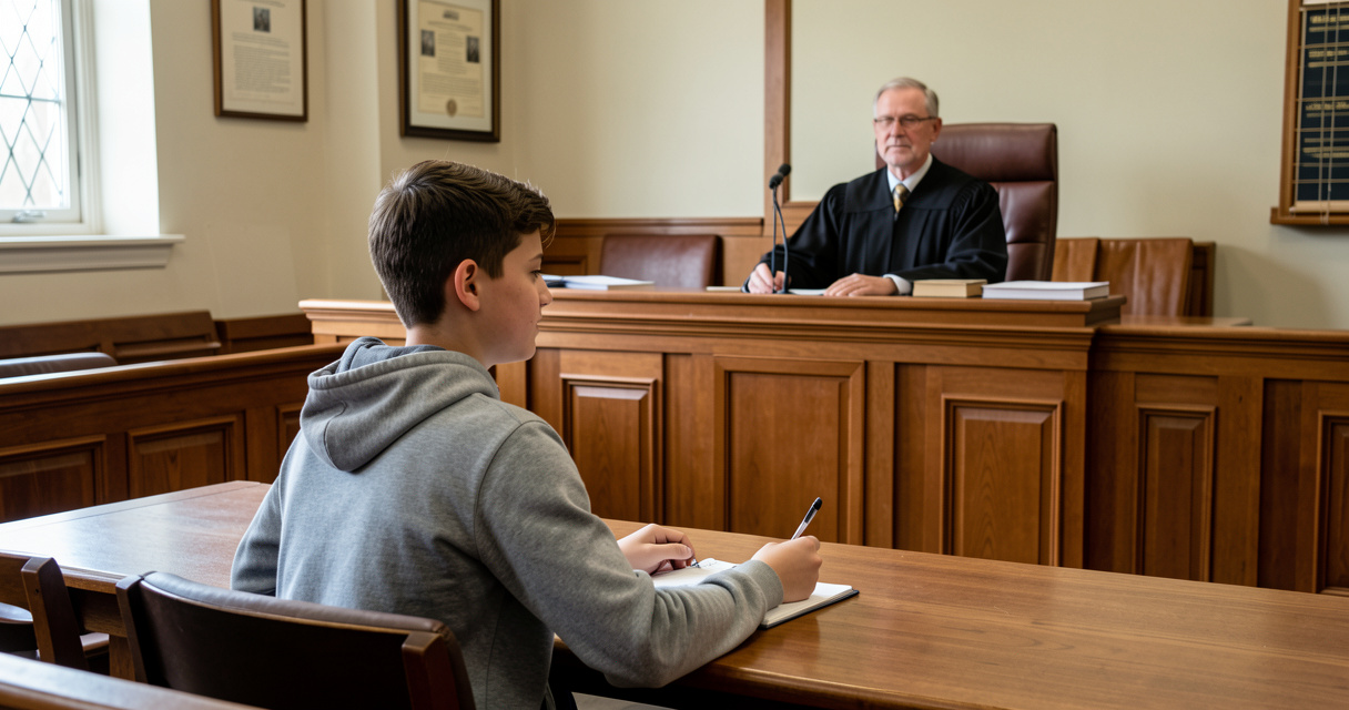 Adolescent dans un tribunal pour enfants avec un juge, illustration justice des mineurs