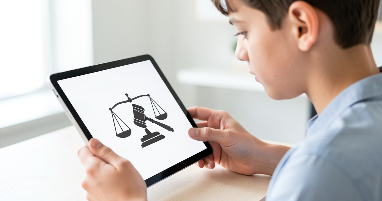 Jeune regardant une tablette avec des icônes juridiques, concept ado justice et droits