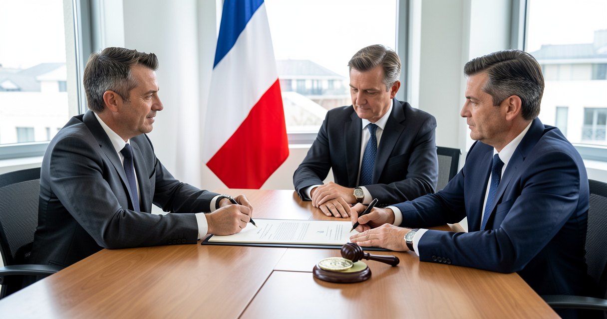 Signature de la convention de divorce entre deux époux en présence de leurs avocats chez le notaire