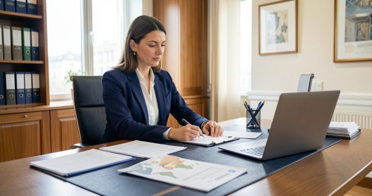 Professionnelle préparant des documents pour une mission internationale