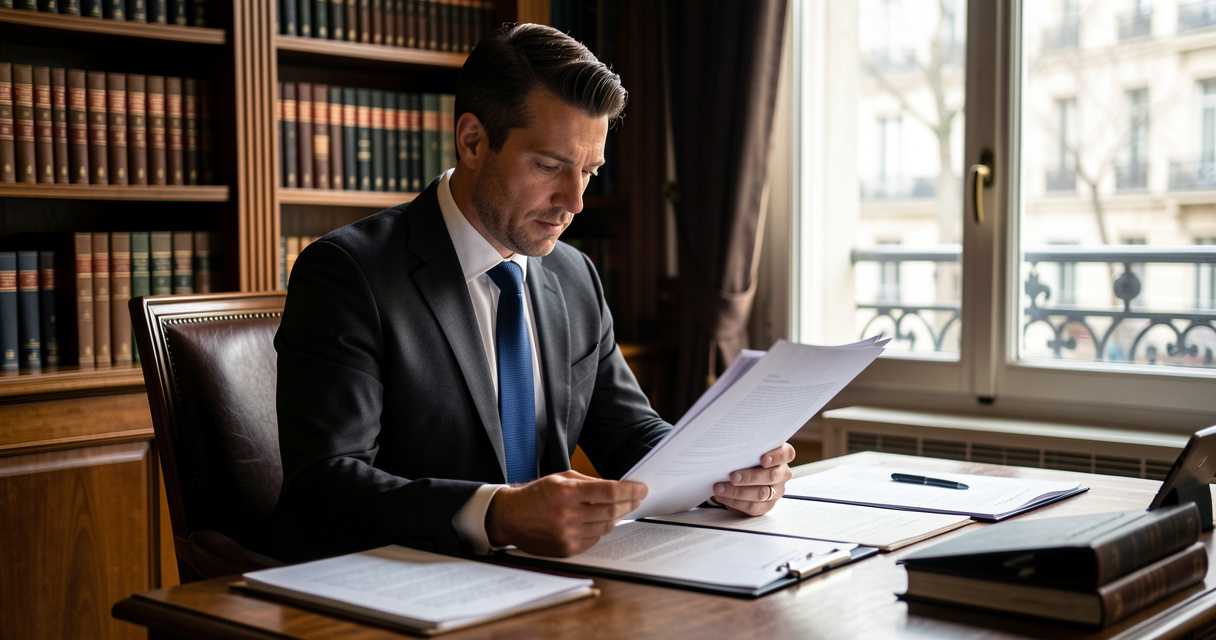 Avocat droit pénal examinant un dossier de garde à vue dans un cabinet parisien