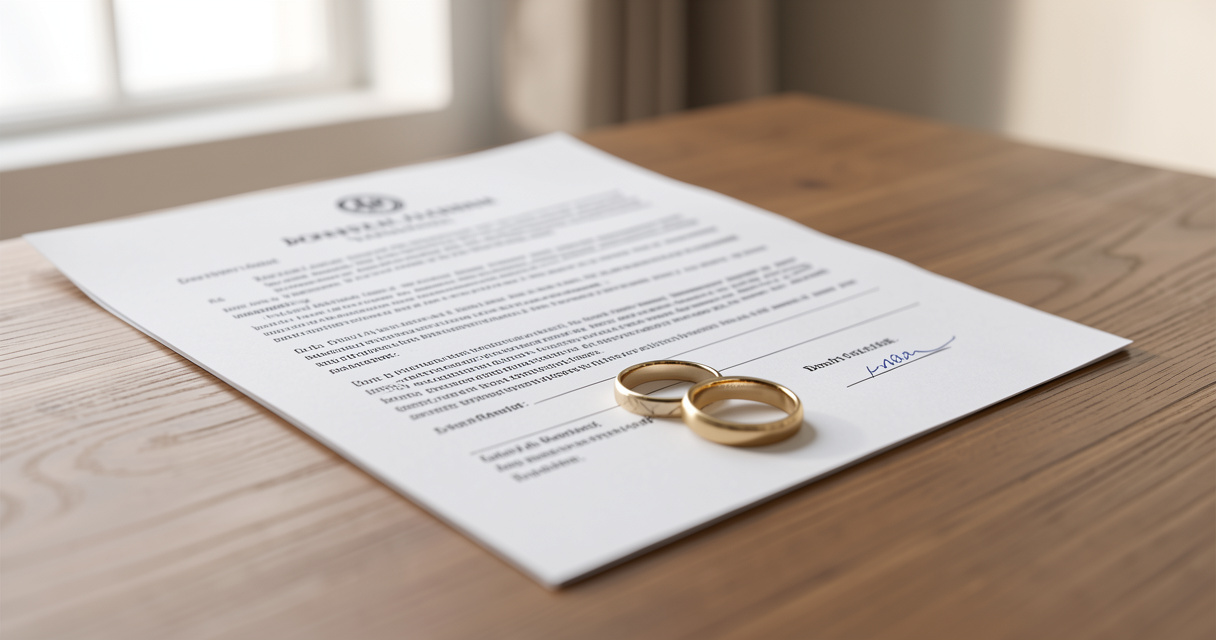 Deux alliances posées sur un dossier de divorce par consentement mutuel
